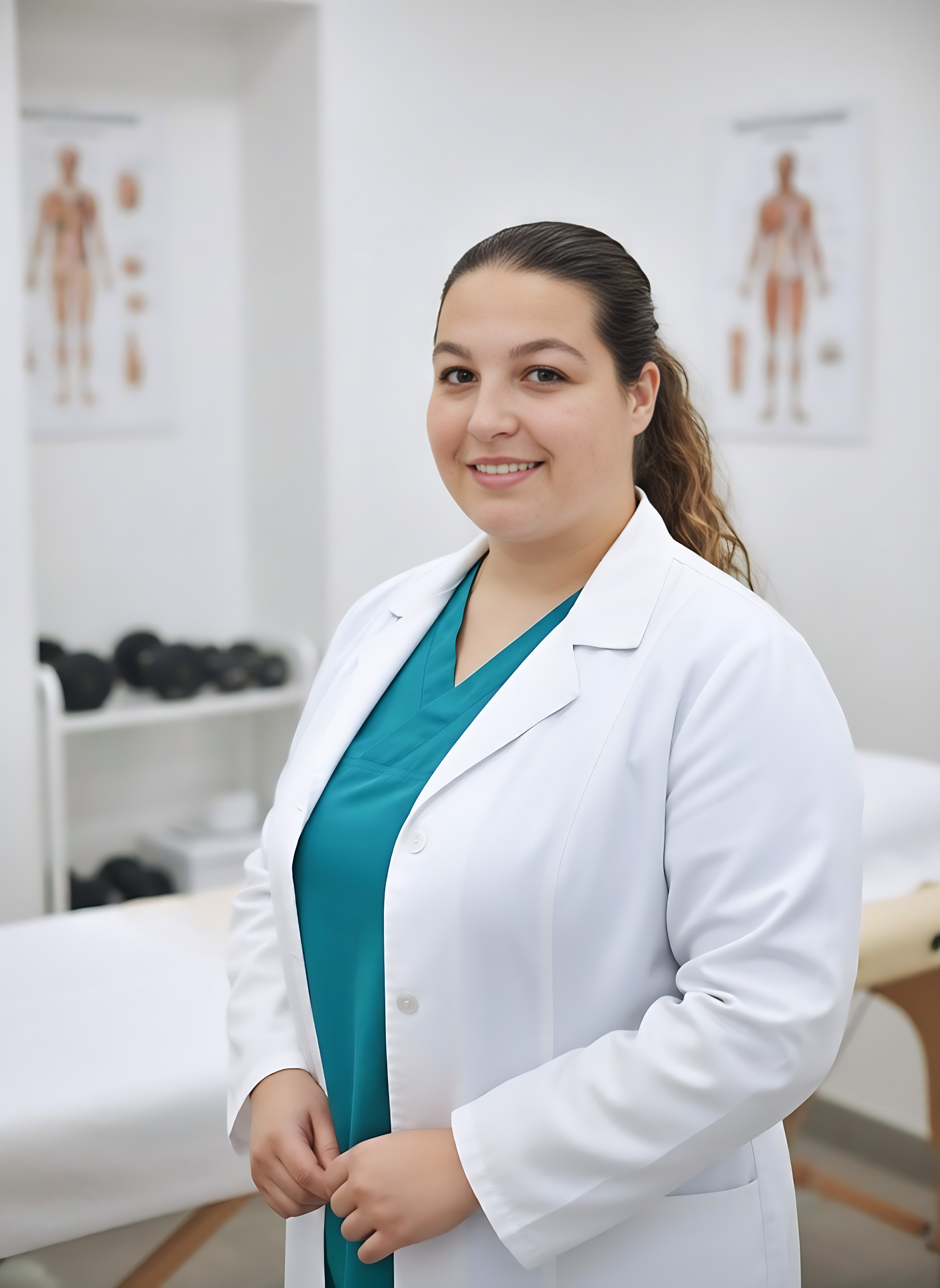 Jéssica Pereira, from Jéssica Pereira Physiotherapy, smiling in her clinic. She is wearing a white lab coat over a turquoise uniform. In the background, you can see a treatment table and anatomical charts.